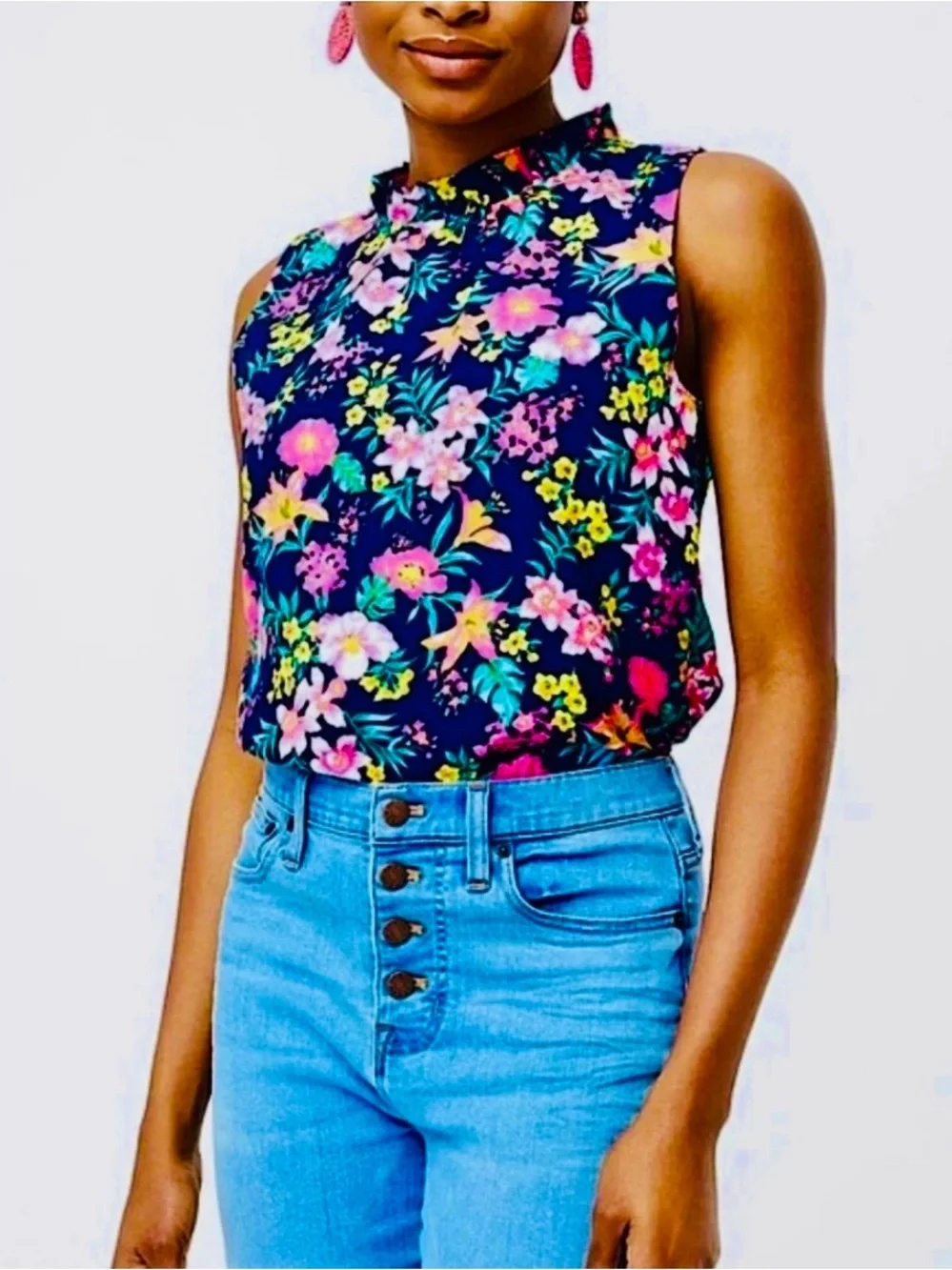 J Crew Factory Ruffles Neck Floral Top L Sleeveless Summer Vibes Business Casual